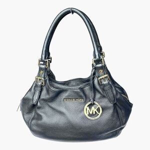 Michael Kors Black Pebbled Leather Hobo Shoulder Bag Gold MK Charm Y2K
